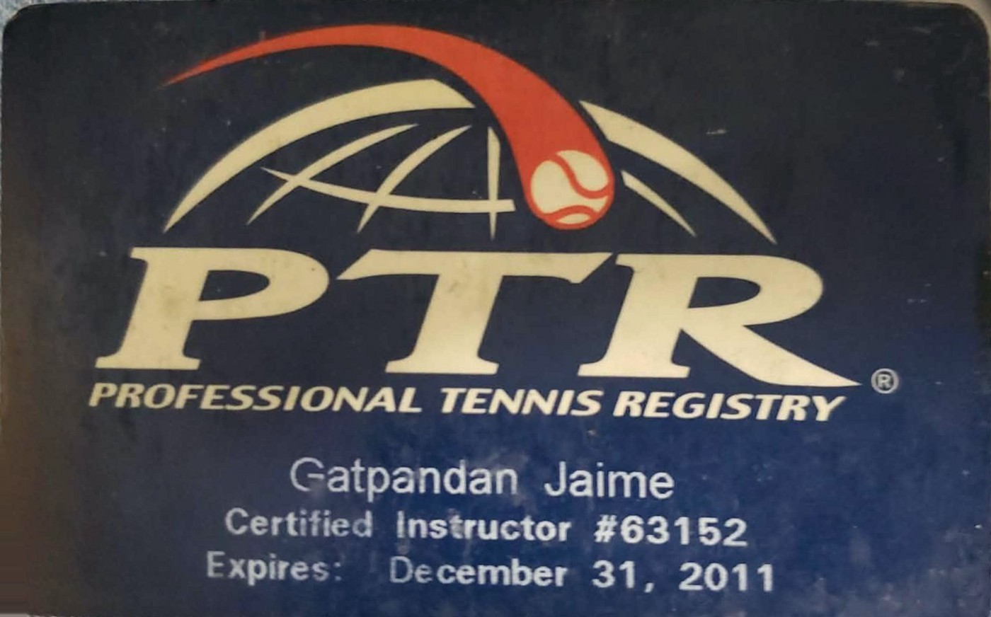 Professional Tennis Registry card: Gatpandan Jaime, Certified Instructor #63152, expires December 31, 2011