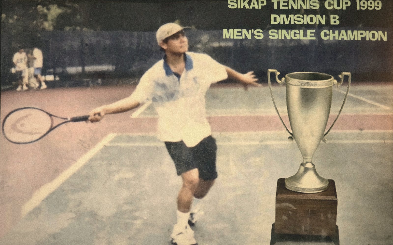 Sikap Tennis Cup, 1999: the full print of him mid-forehand on court, from the family archive